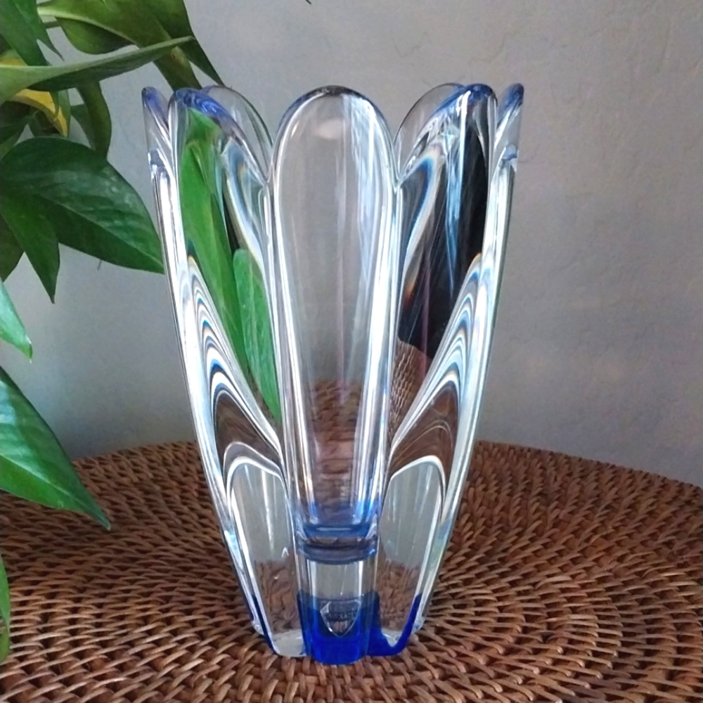 Orrefors Sweden Mayflower Blue Base Vase Approx 6.5" Tall.